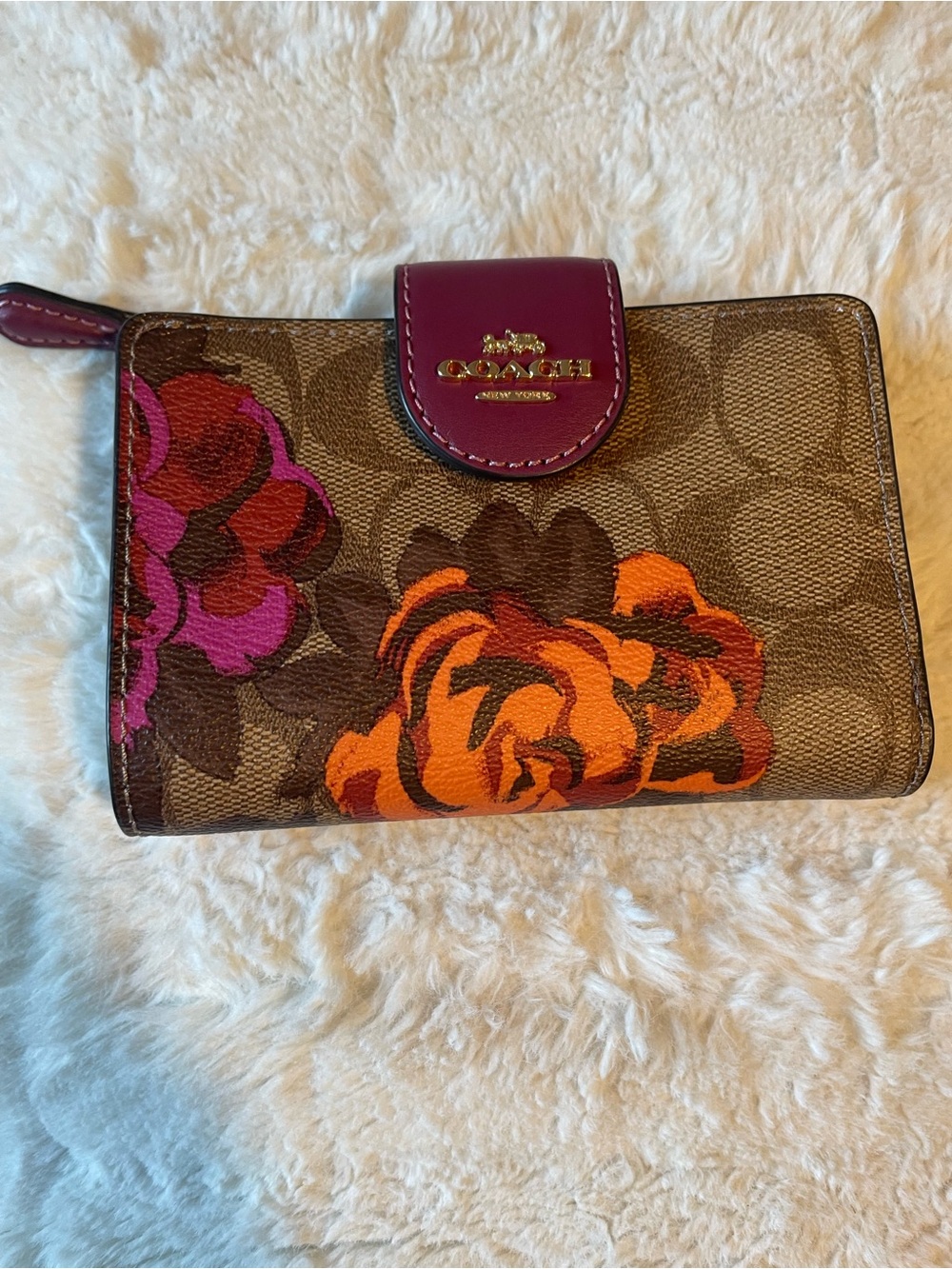 Coach Brown Signature Wallet with Orange & Pink Floral Accents
